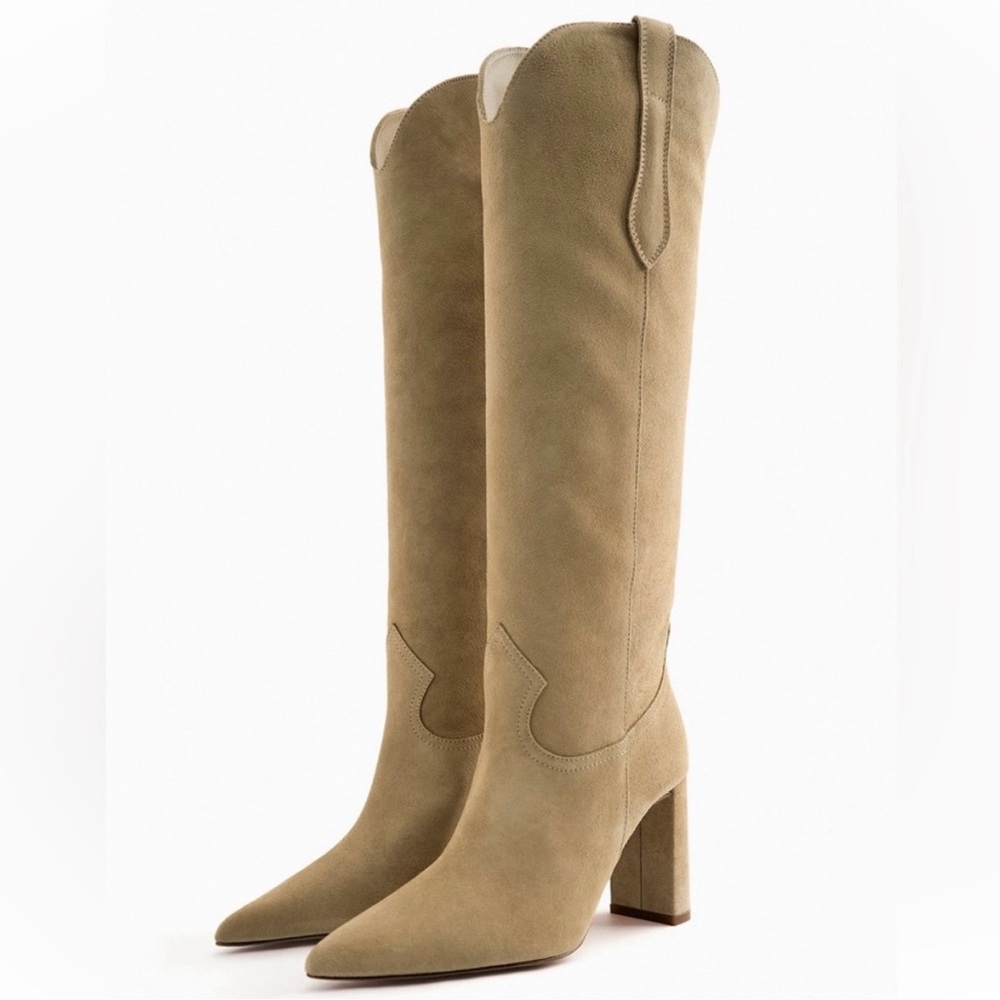 Zara boots leather suede tan camel high tops knee heels heeled cowboy - Picture 1 of 8